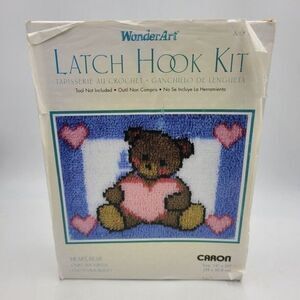 Vintage Bear Latch Hook Kit Heart Caron WonderArt Crafts Brown Blue Pink
